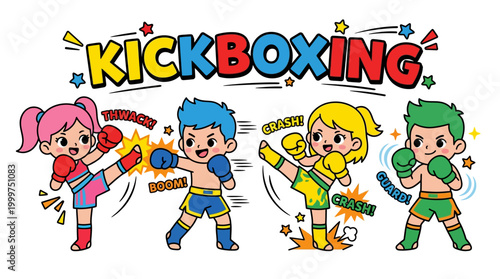 Energetic cartoon illustration of children practicing kickboxing and martial arts moves, depicting young boys and girls engaged in dynamic fitness training with playful sound effects