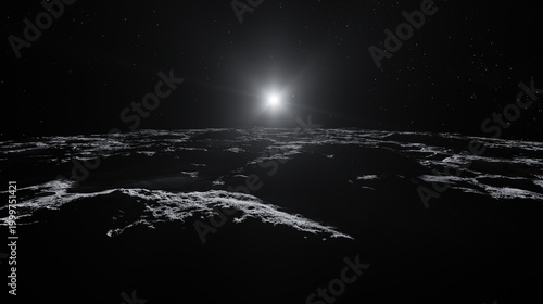 Foto Lunar Sunrise Over Rugged Moon Surface With Distant Stars – Dramatic Space Horiz