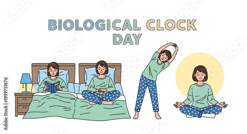 Against a white backdrop, an illustration shows a woman following her body clock concept, reading in bed, meditating, and stretching, representing a daily routine cycle for health