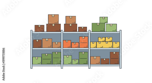 Illustration of warehouse storage shelves filled with cardboard boxes.