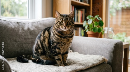 Domestic cat sitting indoors on a sofa looking directly at the camera