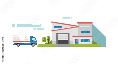 Industrial warehouse building with a delivery truck on a white background.