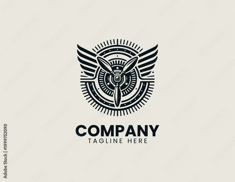 Fototapeta premium Black winged airplane badge vector logo on white background