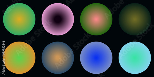 Vibrant holographic gradient spheres set, 8 colorful round aura circles on black background, futuristic glowing orb vector collection for UI design