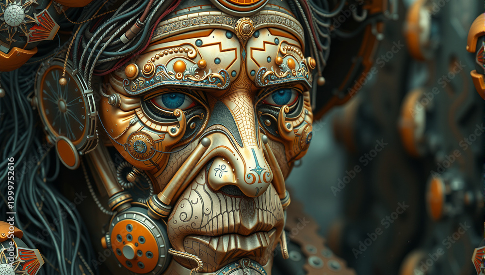 Obraz premium Steampunk Mechanical Face with Intricate Copper and Brass Details