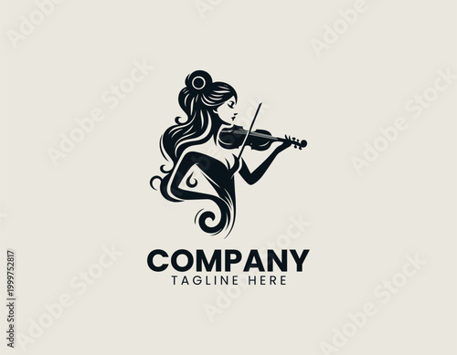 Elegant woman playing violin silhouette in black vector logo design on white background with classical music and artistic performance concept