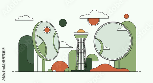 Concentrated solar power plant with heliostats and central tower vector