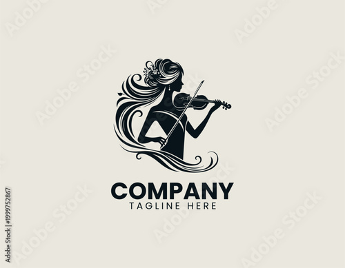 Elegant woman playing violin silhouette in black vector logo design on white background with classical music and artistic performance concept
