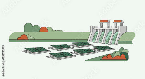 Hybrid Energy System with Solar Panels and Hydroelectric Dam Illustration