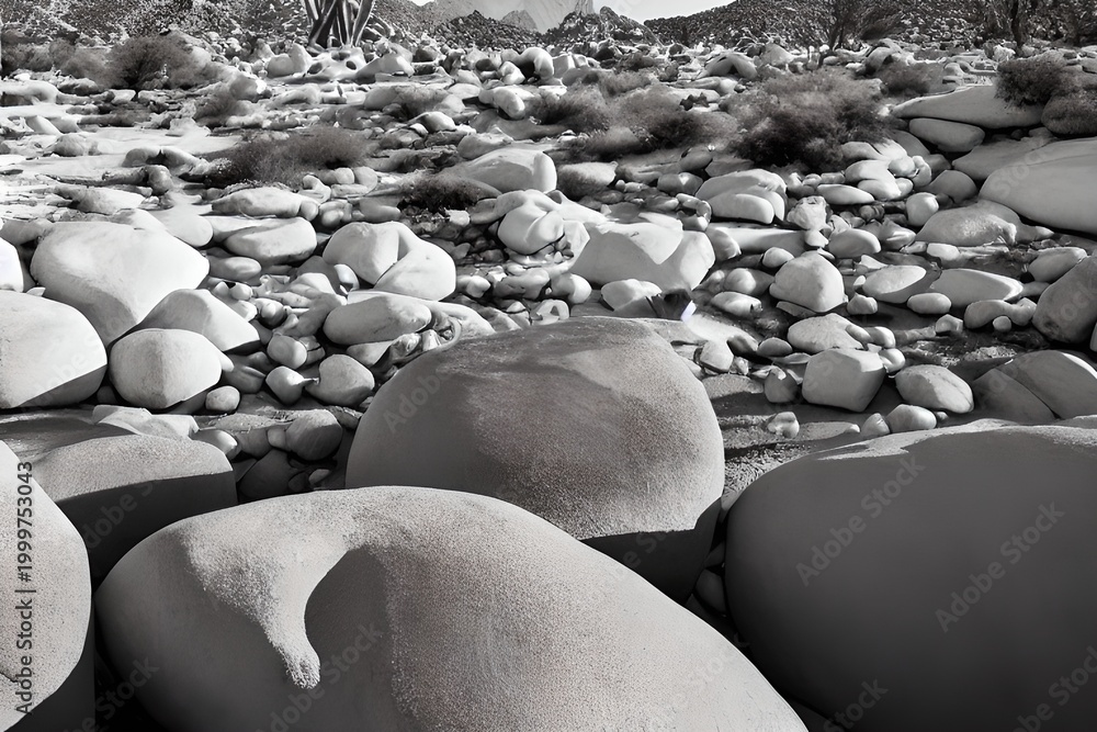 Obraz premium Monochrome Desert Landscape with Smooth Boulders and Sparse Vegetation