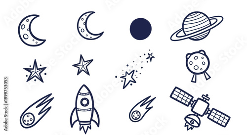 Hand-drawn space elements collection featuring celestial bodies and spacecraft doodles.