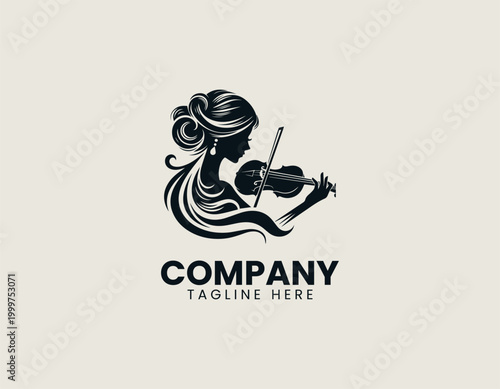 Elegant woman playing violin silhouette in black vector logo design on white background with classical music and artistic performance concept