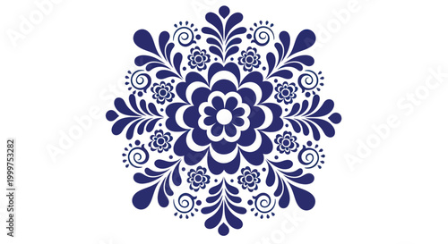 Intricate Blue Floral Mandala Design with Swirls and Petals.