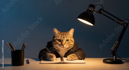Smart Feline Executive Tabby Cat in Blazer Writing at Desk Under Lamp - Employed Animal Office Life Conceptual Business Theme Funny Pet Concept Bookkeeping Tax Season Deadline