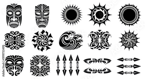 Maori Tribal Tattoo Designs and Polynesian Motifs Collection.