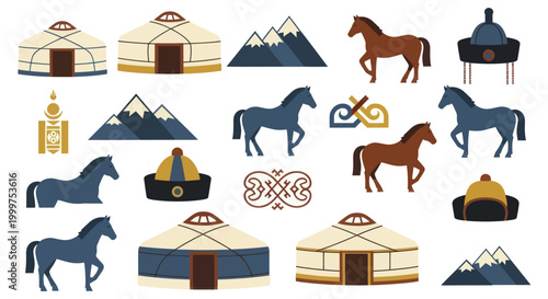 Mongolian Culture Elements - Yurts, Horses, Mountains, and Traditional Hats.