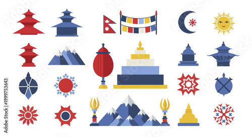 Nepal travel symbols and landmarks flat vector illustration set.