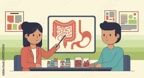 Nutritionist explaining digestive system to male patient.