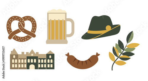 Oktoberfest symbols including beer pretzel hat sausage building and plant.