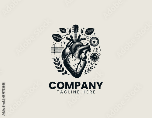 Anatomical heart with music symbols line art black vector illustration