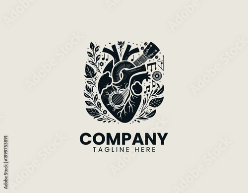 Anatomical heart with music symbols line art black vector illustration