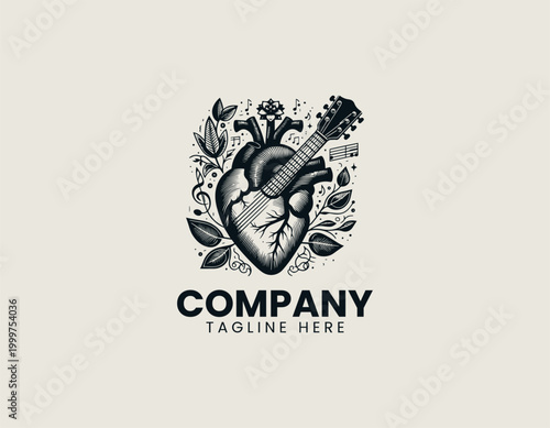 Anatomical heart with music symbols line art black vector illustration