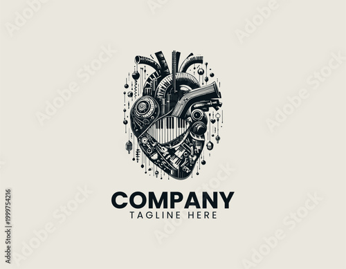 Anatomical heart with musical instruments surreal black vector illustration