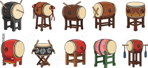 Japanese Taiko Drum Vector Set with Various Drum Designs, Stands, and Traditional Patterns for Music and Cultural Illustrations