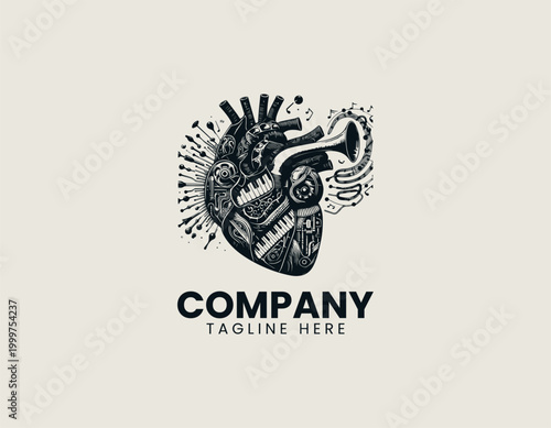 Anatomical heart with musical instruments surreal black vector illustration