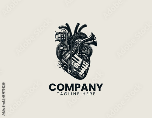 Anatomical heart with musical instruments surreal black vector illustration