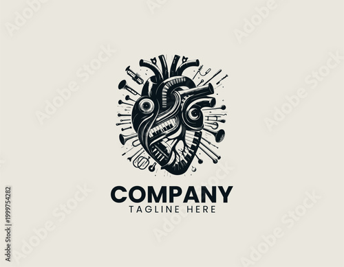 Anatomical heart with musical instruments surreal black vector illustration