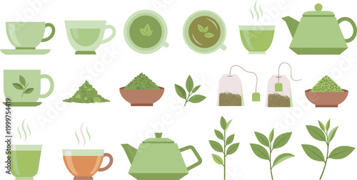 Cartoon Green Tea Illustration Set Featuring Teacups, Tea Bags, Leaves, and Tea Kettles for Beverage, Tea, and Wellness Designs