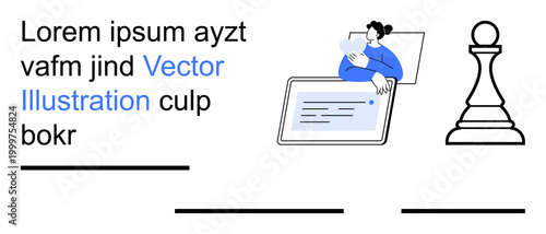 Communication, strategy, online learning, technology, reading, creative design. Woman holding paper next to a laptop, chess pawn and text. Communication and strategy concept