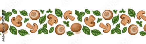Seamless border of champignon and basil. Vector hand drawn food illustration for kitchen menu and restaurant template. Cartoon repeat portobello mushroom drawing perfect for washi tape product design.