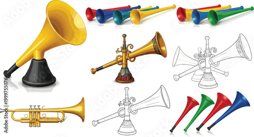Cartoon Trumpet and Horn Illustration Set with Colorful Designs, Vintage Horns, and Musical Instruments for Music, Celebration, and Sound Designs