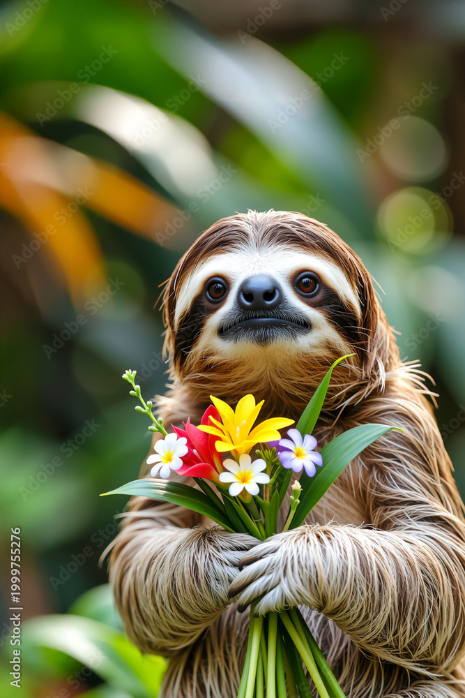 Fototapeta premium 花束を手に持つナマケモノ | A sloth holding a bouquet of flowers Generative AI