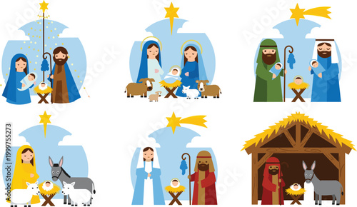 Cartoon Nativity Scene with Mary, Joseph, Baby Jesus, Animals, and Star for Christmas, Religious, and Holiday Illustrations