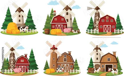 Cartoon Farmyard Illustration Set Featuring Windmills, Red Barns, Cows, Pigs, and Haystacks for Rural, Agriculture, and Countryside Designs