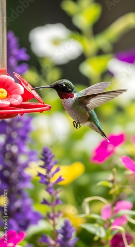 Ruby-Throated Hummingbird Sipping Nectar from a Feeder in a Vibrant Garden.