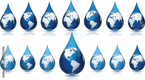 Set of Water Drop Illustrations Featuring Globe and Earth Maps for Environmental, Water Conservation, and Global Awareness Themes