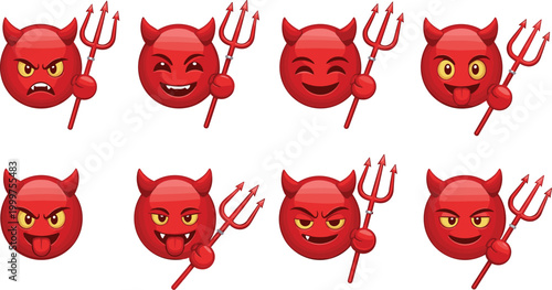 Set of Cartoon Devil Emoticons with Different Expressions and Tridents for Fantasy, Halloween, and Mischievous Themes
