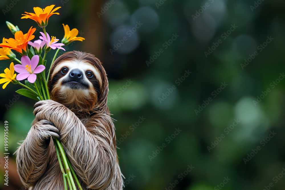 Fototapeta premium 花束を手に持つナマケモノ | A sloth holding a bouquet of flowers Generative AI
