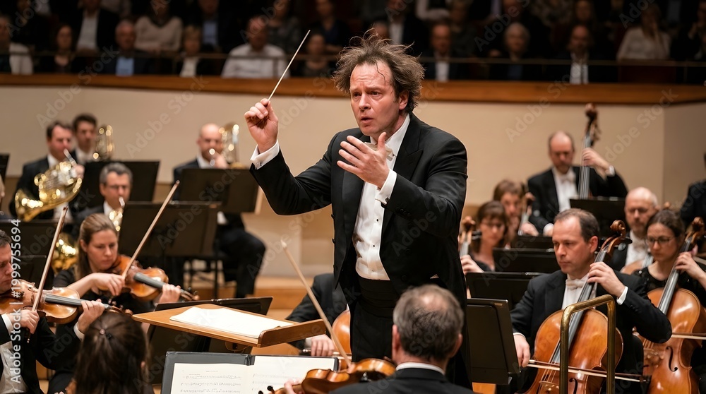 Fototapeta premium Dynamic Conductor Leading Orchestra with Passionate Performance