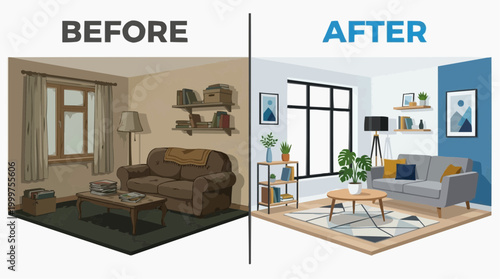 A before-and-after shot showcases a living space transformation, illustrating the potential for renovation, design. From outdated to modern, a room is completely transformed, exuding freshness. 