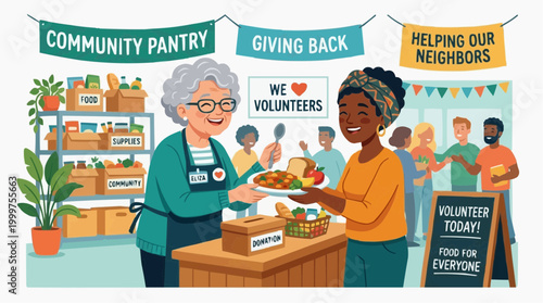 A community pantry scene, with a volunteer handing a plate of food to a recipient, symbolizing care.