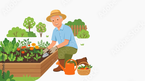 An elderly gardener meticulously tends to his raised garden bed. The scene, radiating care and nature's charm, shows the peace of gardening.