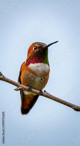 Rufous Hummingbird Perched on Branch Against Soft Blue Sky.