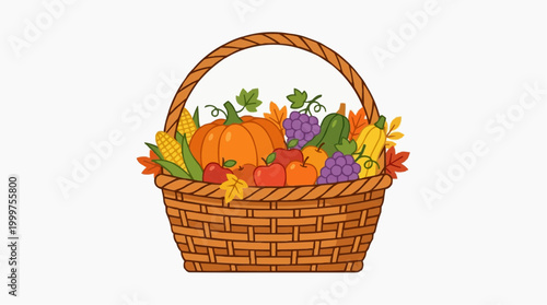 A colorful basket overflowing with seasonal fruits and vegetables, a visual treat embodying the abundance of nature's harvest.