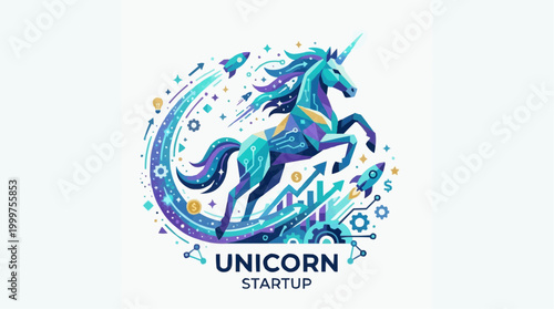 A vibrant illustration of a unicorn leaping dynamically, representing a successful startup business, surrounded by symbols of growth and innovation. 
