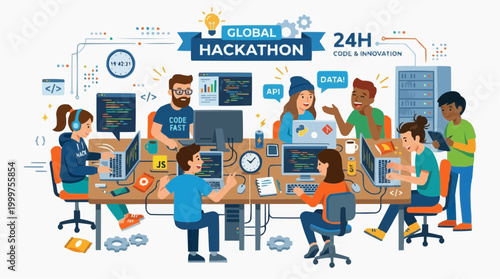Dynamic representation of a Global Hackathon. A collaborative and innovative environment of developers and tech enthusiasts, working diligently to create something new. 